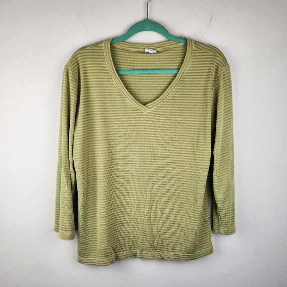 CP Shades Green Striped 3/4 Sleeve V-Neck Top sz L - Picture 1 of 8